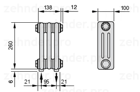 Схема (чертеж) Радиатор Zehnder Charleston 3026/3 №3570 Белый глянцевый RAL 9016
